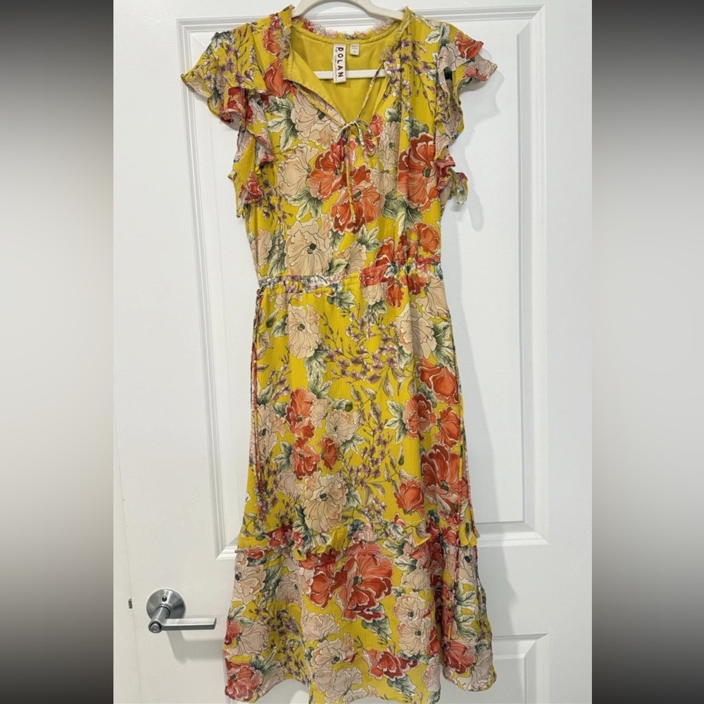 $298 Anthropologie Dolan Ellory Dress Yellow Floral 100% Silk Midi Boho, Size M - Picture 2 of 6